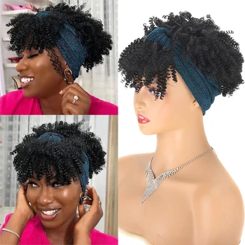Короткие вьющиеся парики на голову для женщин, парик из синтетических волос с шарфом, афро-кудрявая повязка на голову, парик с челкой, парики на голову для ежедневного использования