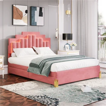 Мягкая кровать-платформа королевского размера со светодиодной подсветкой и 4 выдвижными ящиками, стильный дизайн металлических ножек кровати неправильной формы, розовый
