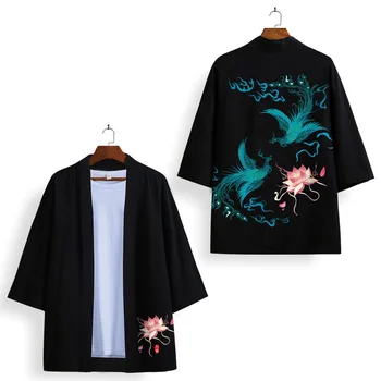 Мужчина Юката, Черная рубашка-кардиган с принтом Феникса, японское кимоно, традиционное аниме-кимоно, одежда самураев Хаори