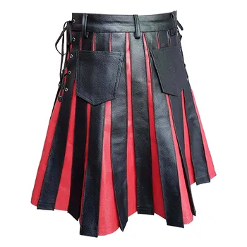 Мужской Гладиаторский килт из натуральной черно-красной кожи с плоскими передними вставками Шотландский килт Универсальный мужской килт