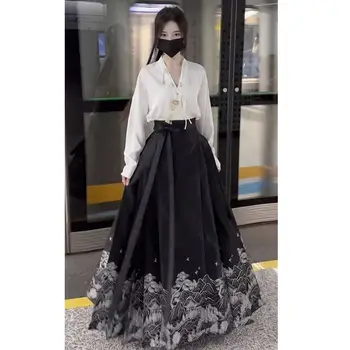 Весна и лето 2023, новый Ретро-китайский стиль, модифицированная тонкая черная юбка Hanfu с лошадиной мордой, улучшенный комплект из двух предметов, плюс размер M-3XL