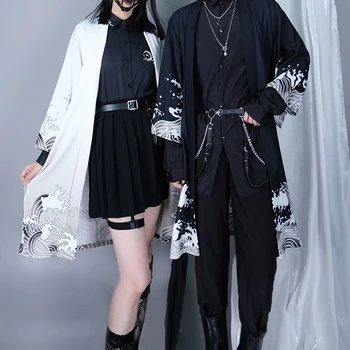Летняя Японская мода, свободная модная рубашка унисекс с принтом, кимоно, кардиган, уличная одежда 2022, черно-белые рубашки Obi Haori