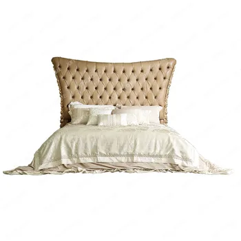 Кровать из массива дерева, Кожаная кровать ручной работы, ретро Французский дворец, Роскошная вилла высокого класса, Классическая кровать принцессы, двуспальная кровать