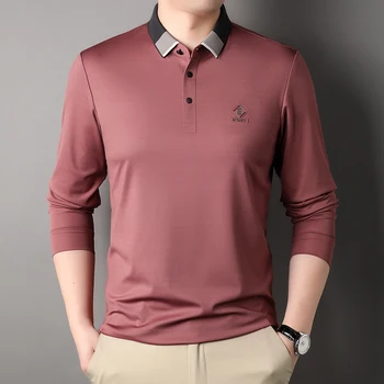 Высокоэластичные мужские рубашки поло высокого качества с длинным рукавом, бесшовные однотонные весенне-осенние повседневные мужские футболки 4XL