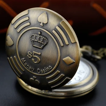 Классический логотип казино Макао Антикварные кварцевые карманные часы Бронзовый брелок с цепочкой Лучший памятный подарок для мужчин и женщин