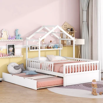 Деревянная полноразмерная домашняя кровать с чемоданом, детская кровать с полкой, Практичный дизайн спальни, односпальная / двуспальная, Полулюкс