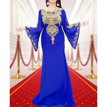 Синее Африканское Платье Fancy Abaya Dubai, Вечерние Женские Длинные Рубашки Марокканской Моды, Расшитые Бисером, Европейские и Американские Модные Тенденции