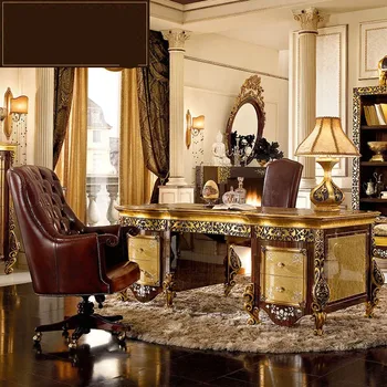 Роскошный стол из массива дерева в европейском стиле, итальянский стол с золотым покрытием, комбинация кожаных вращающихся кресел для отдыха