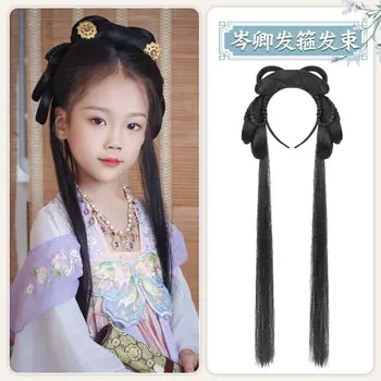 Косплей Hanfu парики для девочек, детские китайские древние парики Hanfu, косплей для детей, цельный ленивый черный парик с длинными волосами, повязка на голову для девочек