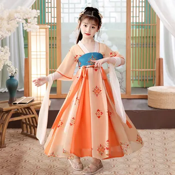 Сказочное оранжевое платье Hanfu в древнем китайском стиле, элегантный традиционный костюм эпохи Тан, костюм принцессы для народных танцев