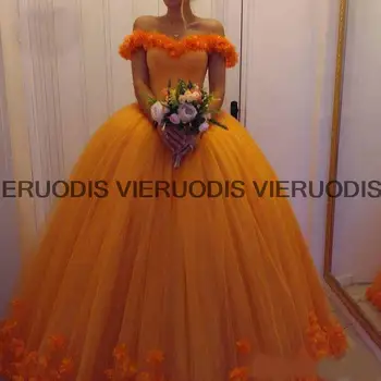 Оранжевое бальное платье для выпускного вечера с цветами ручной работы, пышное платье с открытыми плечами, на шнуровке сзади, Роскошные Сладкие 15 вечерних платьев