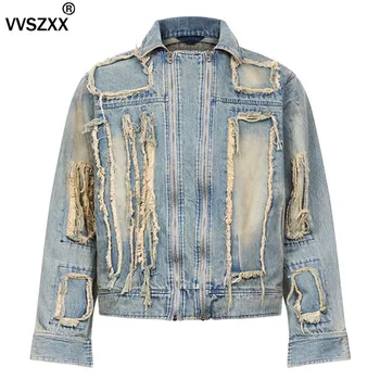 Потертая джинсовая куртка на молнии в стиле ретро, мужская и женская уличная одежда, свободные повседневные джинсы в стиле хип-хоп, пальто