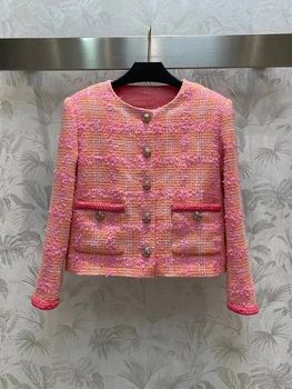 Модный Элегантный Оранжево-розовый твидовый пиджак для женщин 2023, Высококачественные пуговицы с круглым вырезом и длинным рукавом, Элегантное плетеное пальто с кисточками, Леди