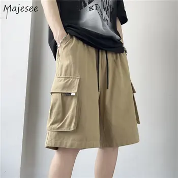 Шорты-карго, мужские Ретро-мешковатые летние шикарные универсальные повседневные брюки в японском стиле с большими карманами, уличная одежда, брюки с завязками для подростков