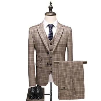 2021 Куртка + жилет + брюки Присылайте галстук круглый год, чтобы сшить мужской костюм большого размера S-5XL, костюм-тройка, клетчатый костюм