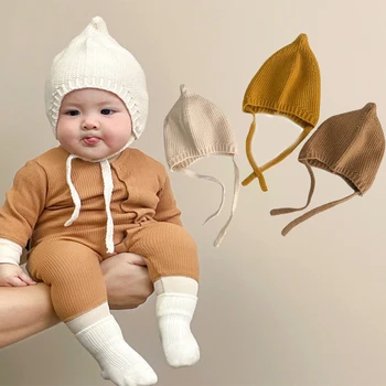 Осенне-зимняя детская шапочка с защитой ушей, теплая вязаная детская шапочка со шнуровкой, Однотонная шапочка для маленьких мальчиков и девочек, Enfant