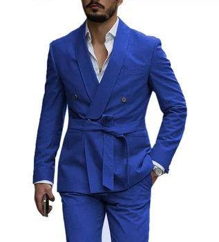 Модный мужской костюм 2022 года, Летний мужской костюм королевского синего цвета, комплект из 2 предметов С поясом, куртка, брюки, Приталенная шаль, Лацкан, Свадебный костюм на заказ