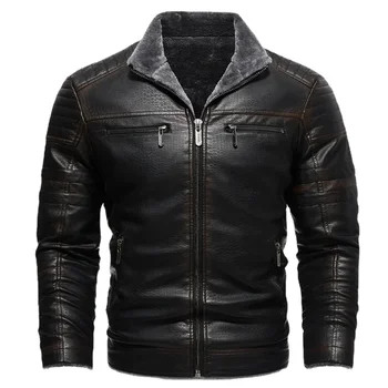 Зимние утепленные флисовые мотоциклы, мужская кожаная куртка, модное винтажное однотонное пальто, теплые ветрозащитные куртки, мужская одежда