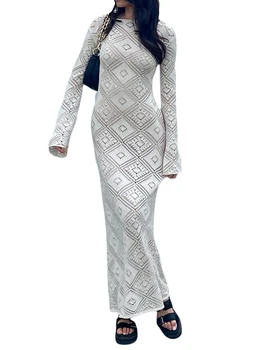 Женское платье Миди из рубчатого Трикотажа Y2k с V-образным вырезом и Вырезами, Однотонное Облегающее Платье с Длинным Рукавом для Летнего пляжа