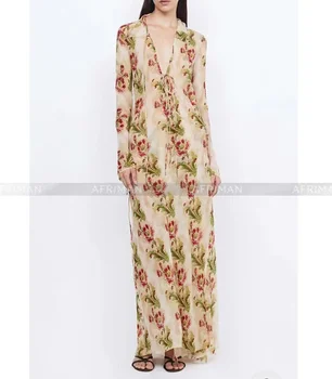 Женское Новое Длинное платье с V образным вырезом и длинным рукавом с цветочным принтом, на шнуровке, на талии для чаепития