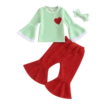 Комплект рождественской одежды для маленьких девочек из 3 предметов, рубашка с расклешенными рукавами и принтом в виде сердца, Расклешенные брюки, Комплекты повязок на голову