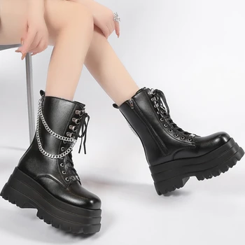 Новые женские туфли на платформе 2023 Модные женские ботильоны с квадратным носком и металлической цепочкой больших размеров на молнии для зимних ботинок на массивном каблуке