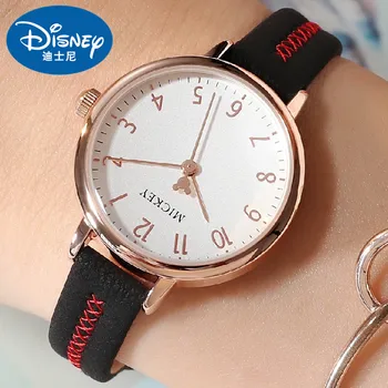 Студенческая мода для девочек с Микки Маусом, модный ремешок из натуральной кожи, кварцевые водонепроницаемые женские оригинальные наручные часы Disney, круглые часы