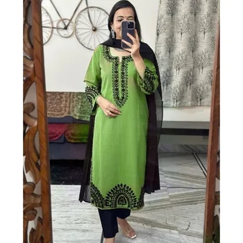 Одежда для вечеринок Шаровары Женские Индийские Курти ручной работы Palazzo Dupatta Классический Зеленый Черный