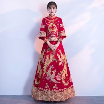 Традиционное Китайское свадебное платье Женское платье Hanfu Одежда Shanghai Tang Женская вышивка Красное свадебное платье Cheongsam FF1725