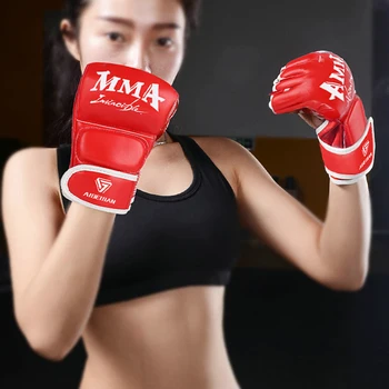 Боксерские перчатки на полпальца для мужчин и женщин из искусственной кожи для борьбы ММА, перчатки для кикбоксинга, каратэ, Муай Тай, Тренировочные перчатки