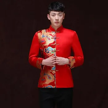 Красная Туника Традиционная Восточная Мужская Куртка Hanfu Kungfu Для Новогодней Вечеринки Shanghai Tang Cheongsam Top Wedding Chinese Для Мужчин