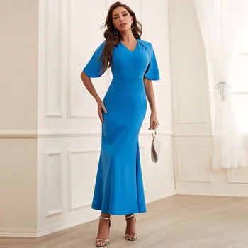 Европейская и американская женская одежда 2023, осеннее новое модное вечернее платье с V-образным вырезом и рыбьим хвостом, элегантные и красивые женские платья