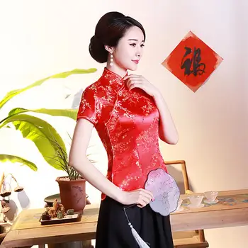 Тонкая женская блузка на пуговицах с цветком китайской сливы, рубашка с коротким рукавом и воротником-стойкой
