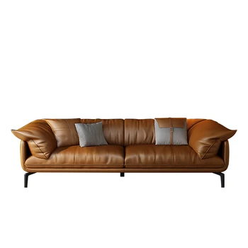 Итальянский минималистский пуховый кожаный диван для гостиной с ярким слоем коровьей кожи оранжевого цвета