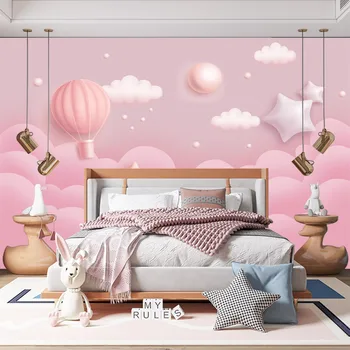 Розово-белое облако, воздушный шар, мультяшные звезды, детская спальня, самоклеящиеся обои, фреска