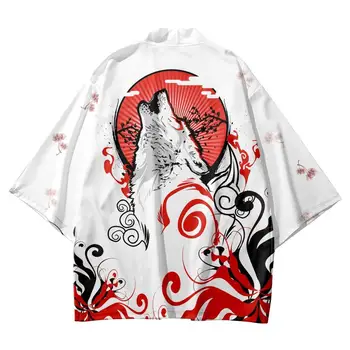 Японское модное Кимоно Самурая с Волчьим принтом, Летний повседневный Пляжный кардиган, Белая Юката Для женщин и мужчин, косплей, Хаори, Верхняя Азиатская одежда