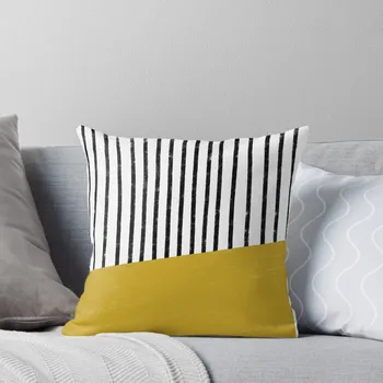 Узор в полоску ручной работы (горчично-желтый /белый / черный) Наволочка для дивана, диванные подушки