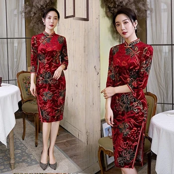 2021 Современный женский Чонсам, китайское традиционное платье Ципао с цветочным принтом, женский короткий Тонкий Сексуальный чонсам с разрезом, Плюс размер 4xl