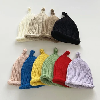Шерстяная шапочка для новорожденных, Однотонная простая милая соска, детская вязаная шапочка, Дышащие Теплые пуловеры для мальчиков и девочек, шапочки для малышей