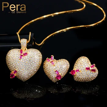 Pera Высочайшее качество Micro Pave CZ Золотой цвет Романтическая любовь Серьги в форме сердца Кулон Ювелирный набор для дам Подарок на годовщину J302