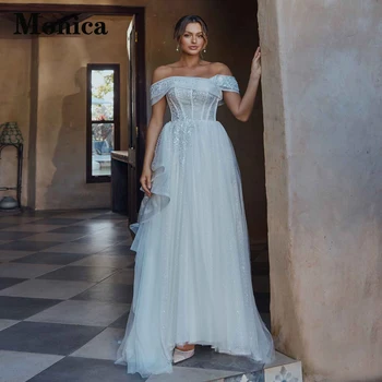 Стильное свадебное платье MONICA с открытыми плечами для невесты, без бретелек, Трапециевидное, со шнуровкой, из тюля в складку, Vestidos De Novia По индивидуальному заказу