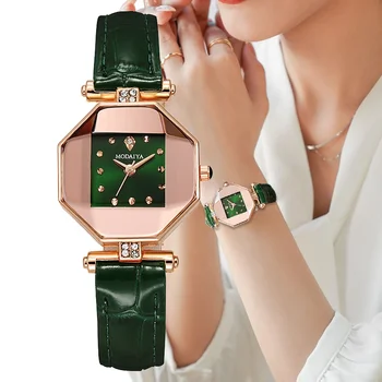 Модный простой бренд с бриллиантами, квадратный дизайн, женские кварцевые часы, высококачественный кожаный ремешок с бамбуковым узором, женские часы