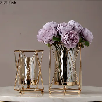 Креативный скандинавский металл железо геометрическое стекло Золотая ваза Украшение гостиной Цветочная композиция Современные вазы для украшения дома