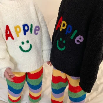Детская домашняя одежда В зимнем стиле, пижамный комплект в радужную полоску с надписью для мальчиков и девочек, мягкая теплая домашняя одежда
