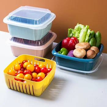 Двухслойная сливная корзина с крышкой, Многофункциональная квадратная корзина для овощей большого размера, Кухонная коробка для консервирования свежих продуктов.