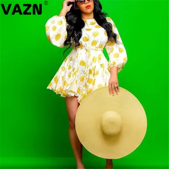 VAZN, Новое поступление 2020, летнее сексуальное женское желтое мини-платье трапециевидной формы с длинным рукавом-фонариком и круглым вырезом, милое новое платье в горошек для юных леди