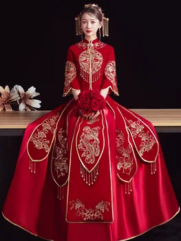 Старинное свадебное платье невесты в китайском стиле, красное, изысканное, с пайетками, ципао, традиционное, с кисточками