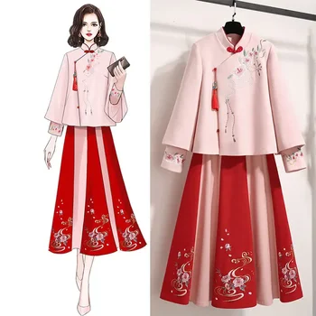 Женское Кимоно с вышивкой, топы и юбка, костюм-двойка, красное пальто большого размера, шерстяной весенний костюм с юбкой Чонсам Ханфу