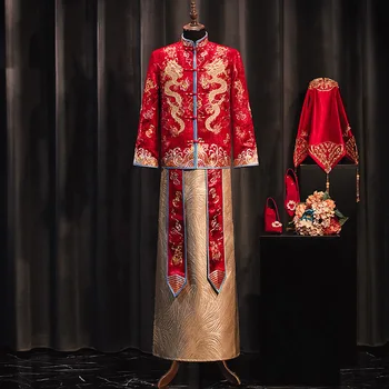Традиционное китайское свадебное платье жениха и невесты С изысканной вышивкой Дракона Костюм эпохи Тан Мужской Банкетный костюм