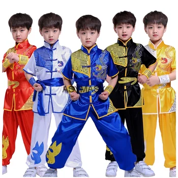 Детская одежда на китайский Новый год для детей Комплект одежды в традиционном стиле с вышивкой дракона блестками Униформа для тайцзи Кунг-фу